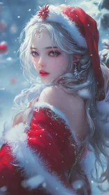Snow-kissed holiday portrait of silver-haired woman in red velvet