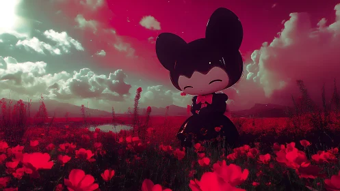 Gentle toy guardian resting in a dreamy crimson meadow.