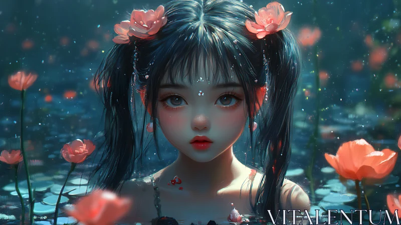 Moonlit water sprite among glowing coral-pink blossoms.