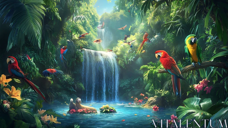 Colorful parrots gather by a dreamy jungle waterfall.