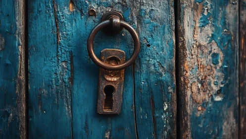 Rusty ring handle guards secrets in weathered teal door
