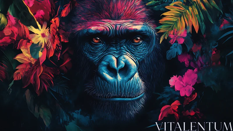 Bioluminescent gorilla portrait framed by neon tropical flora