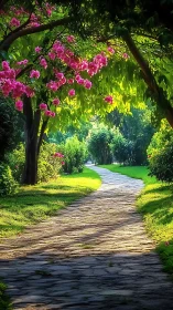Curved stone path under backlit foliage and saturated blossoms