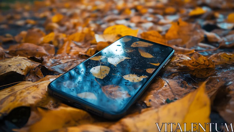 Smartphone with raindrop reflections on wet autumn leaves.