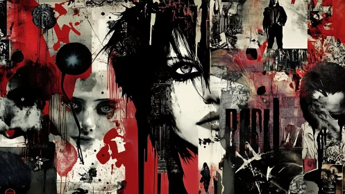 Monochrome faces collide in chaotic red urban collage.