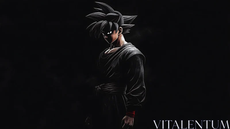 Brooding black-clad warrior in dramatic anime shadow work.