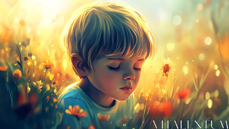 Young Boy Contemplating Wildflowers in Golden Sunlight