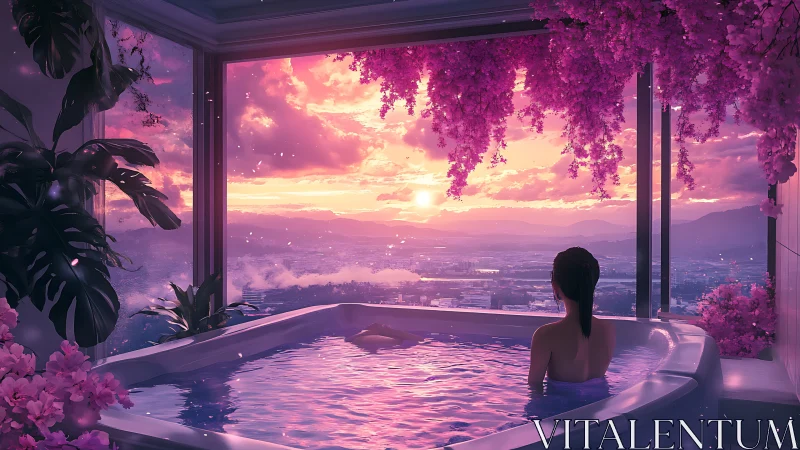 Serene rooftop bath under luminous pink sunset sky.