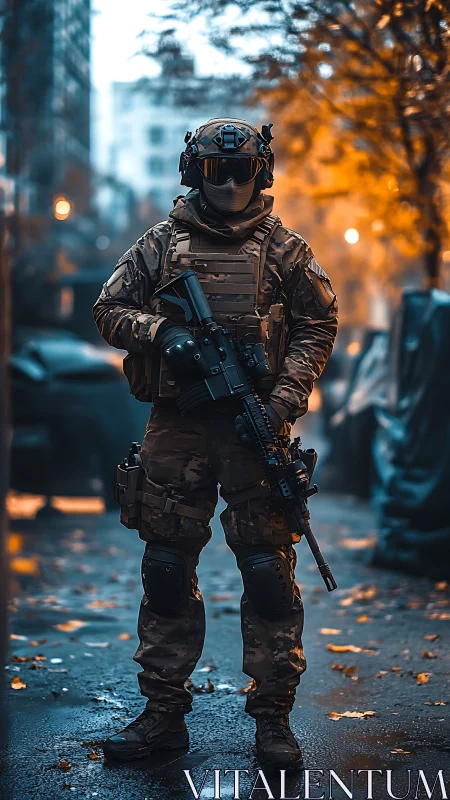 Autumn-clad urban commando guarding a neon-tinted alleyway.