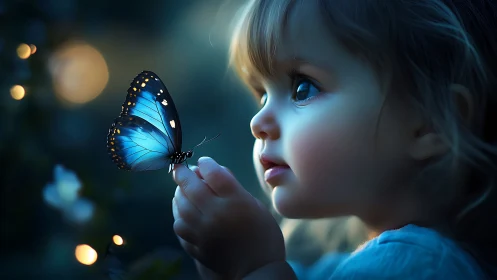 Moonlit child and sapphire butterfly share quiet wonder.
