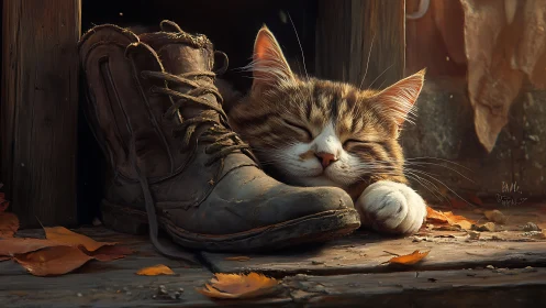 Tabby Cat Sleeping in Weathered Boot.