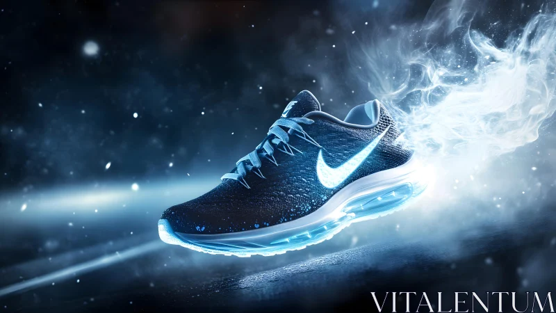 Futuristic running shoe with glowing sole in dynamic digital style.