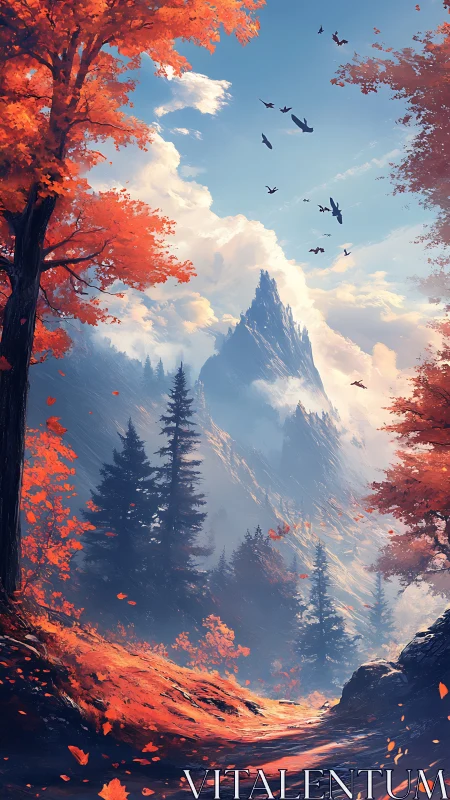 Mountain valley with autumn trees and distant rocky peak.