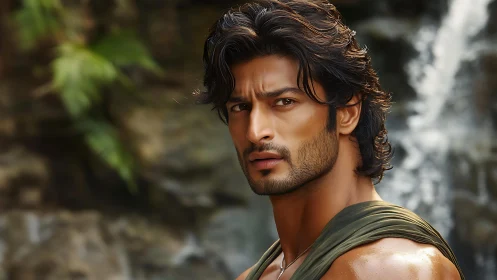 Man with long hair near waterfall in natural rocky setting.