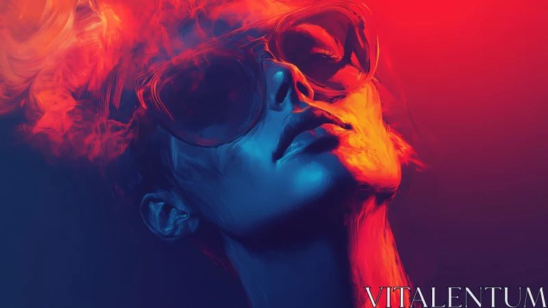 Neon-lit portrait renders cool blue face against burning red haze