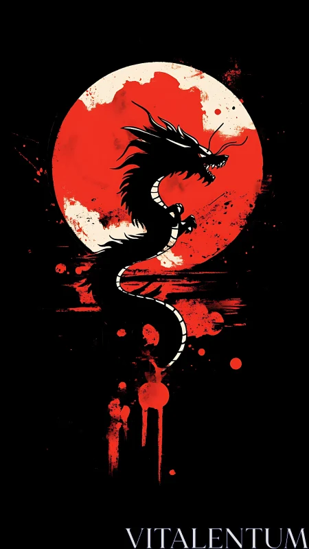 Black dragon silhouette coils before blood red moon