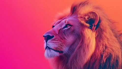 Profile portrait of lion against gradient neon background.