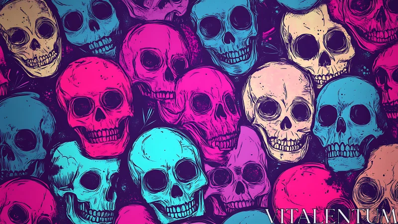 Repetitive skull pattern in saturated cyan, magenta, yellow tones.