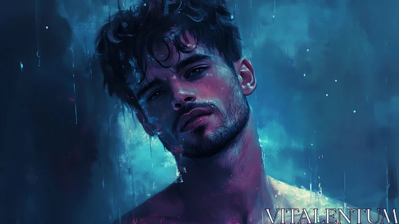 Moody blue portrait of a thoughtful man in soft neon light.