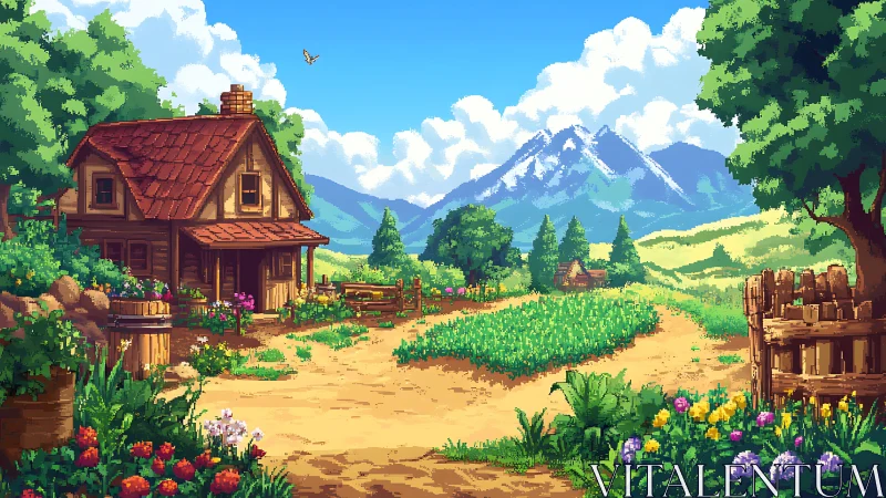 Sunlit pixel farmhouse hums softly beneath the blue mountains