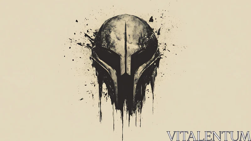 Ink-rendered warrior helmet with dripping paint forms.