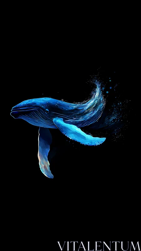Luminescent blue whale glides through cosmic black sea.