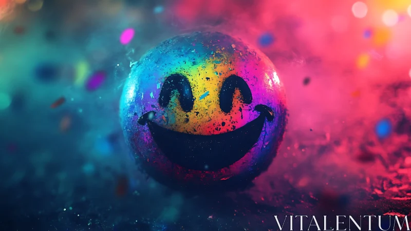 Smiling rainbow sphere glowing in a dreamy color storm.