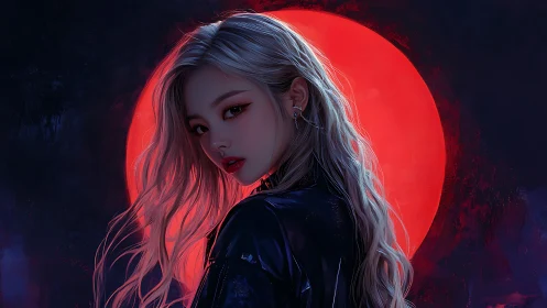Moonlit girl in leather bathed in bold crimson glow.
