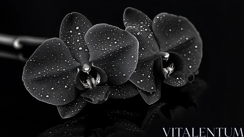 Dark Phalaenopsis Orchid Cluster with Hygroscopic Surface Droplets