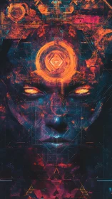 Cybernetic face with glowing geometric halo and eyes.