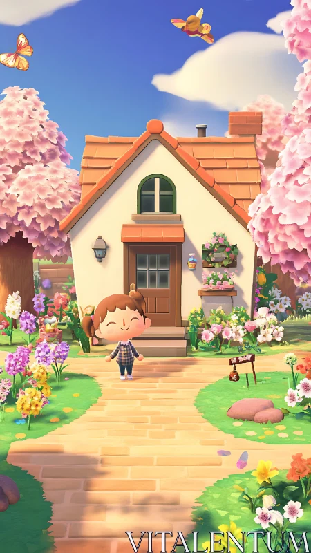 Stylized cottage garden scene with chibi avatar and spring flora