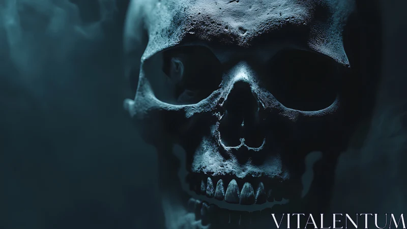 Dark close-up of human skull in blue atmospheric light.