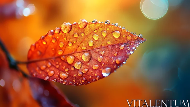Macro view of wet orange leaf with water droplets.