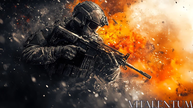 Heavily armed soldier advances through dense fiery explosion