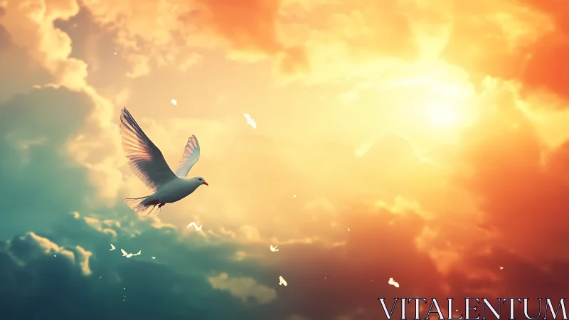 White dove soaring against dramatic sunset sky clouds.