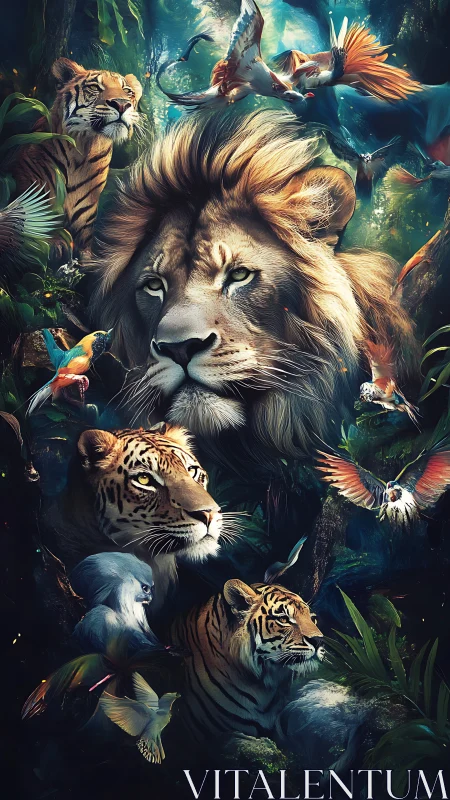 Majestic Lion with Tigers and Tropical Wildlife