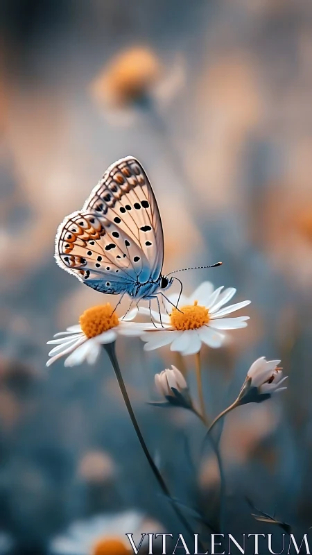 Delicate butterfly rests on soft daisies in dreamy twilight tones