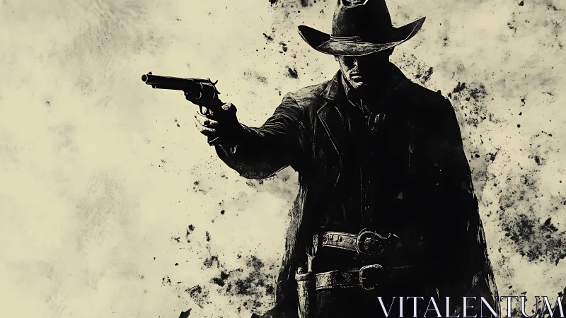 Lone gunslinger poised in swirling frontier shadows.