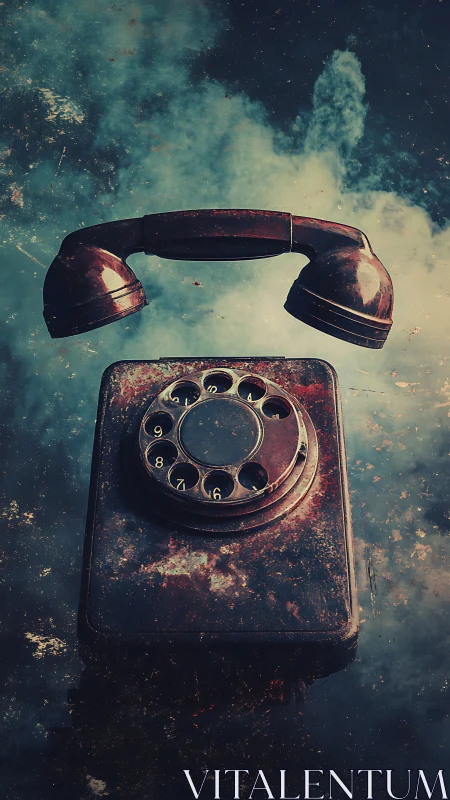Vintage rotary phone floats in moody surreal atmosphere.