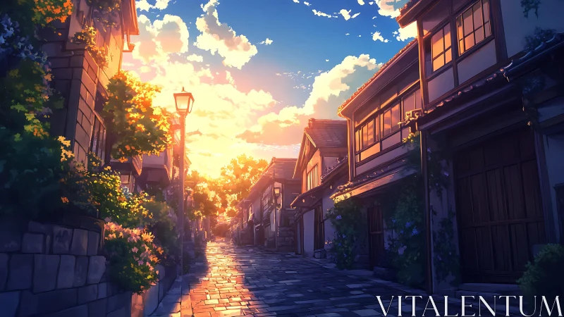 Sunlit cobblestone lane drifts into a painted summer sky.