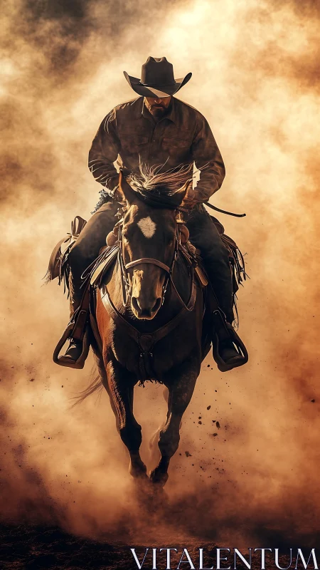 Cowboy riding through golden dust in a bold, timeless moment.