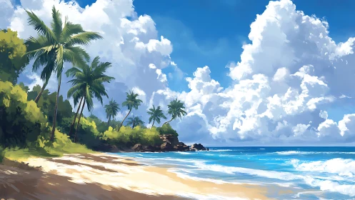 Tropical Beach Landscape with Palm Trees and Ocean Waves