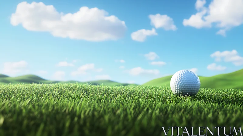 Sunlit golf ball resting on vivid fairway grass.