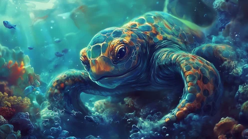 Glowing reef turtle drifts through neon-tinted daydream waters.