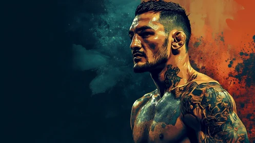 Tattooed mixed martial artist rendered in high-contrast digital painting