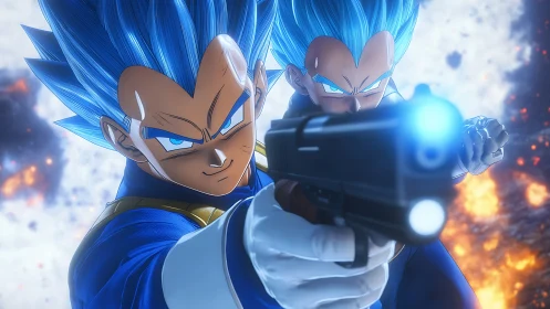 Blue‑haired warriors share a fierce, focused standoff glow.