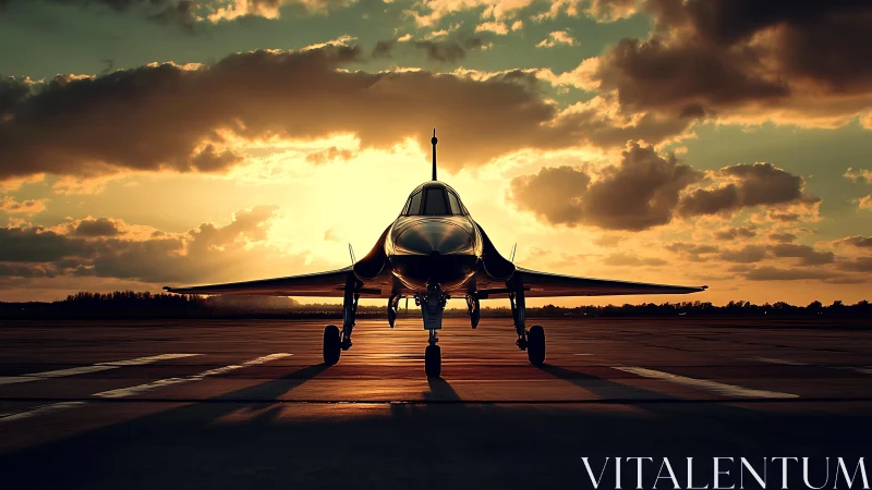 Sleek jet aircraft parked on runway at dramatic sunset.