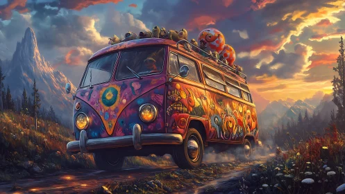 Psychedelic van driving through alpine valley at sunset.