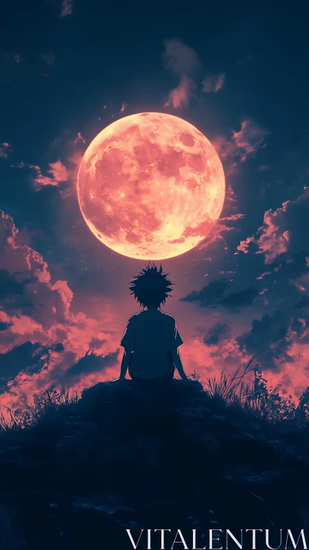 Silhouetted youth beneath oversized crimson moon at dusk.