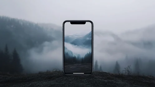 Smartphone frame isolates foggy alpine valley with matched depth